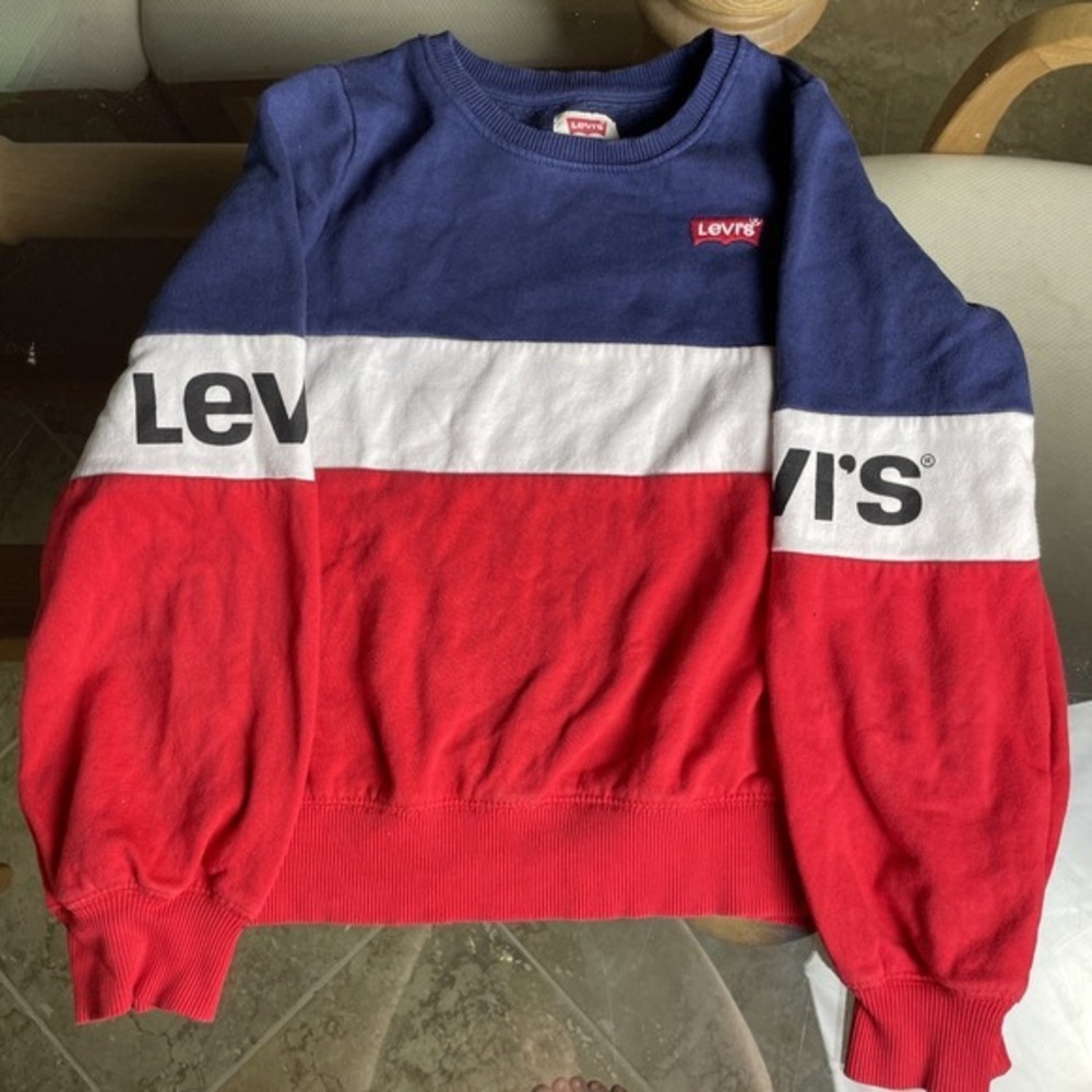 Vintage Levis‎ Kids Pullover Long Sleeve Crew Neck Sweatshirt Blue White Red M
